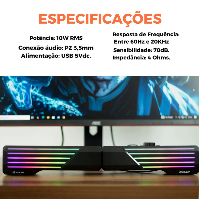 Caixa de Som Gamer - Alto-Falante Potente com LED RGB, Compatível com PC, Computador e TV, Conexão P2.